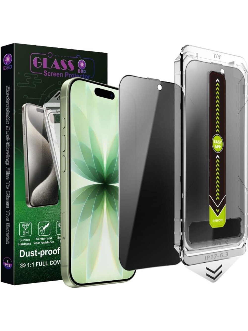 2-Pack Privacy Screen Protector for iPhone 17/16 Pro, 9H Tempered Glass